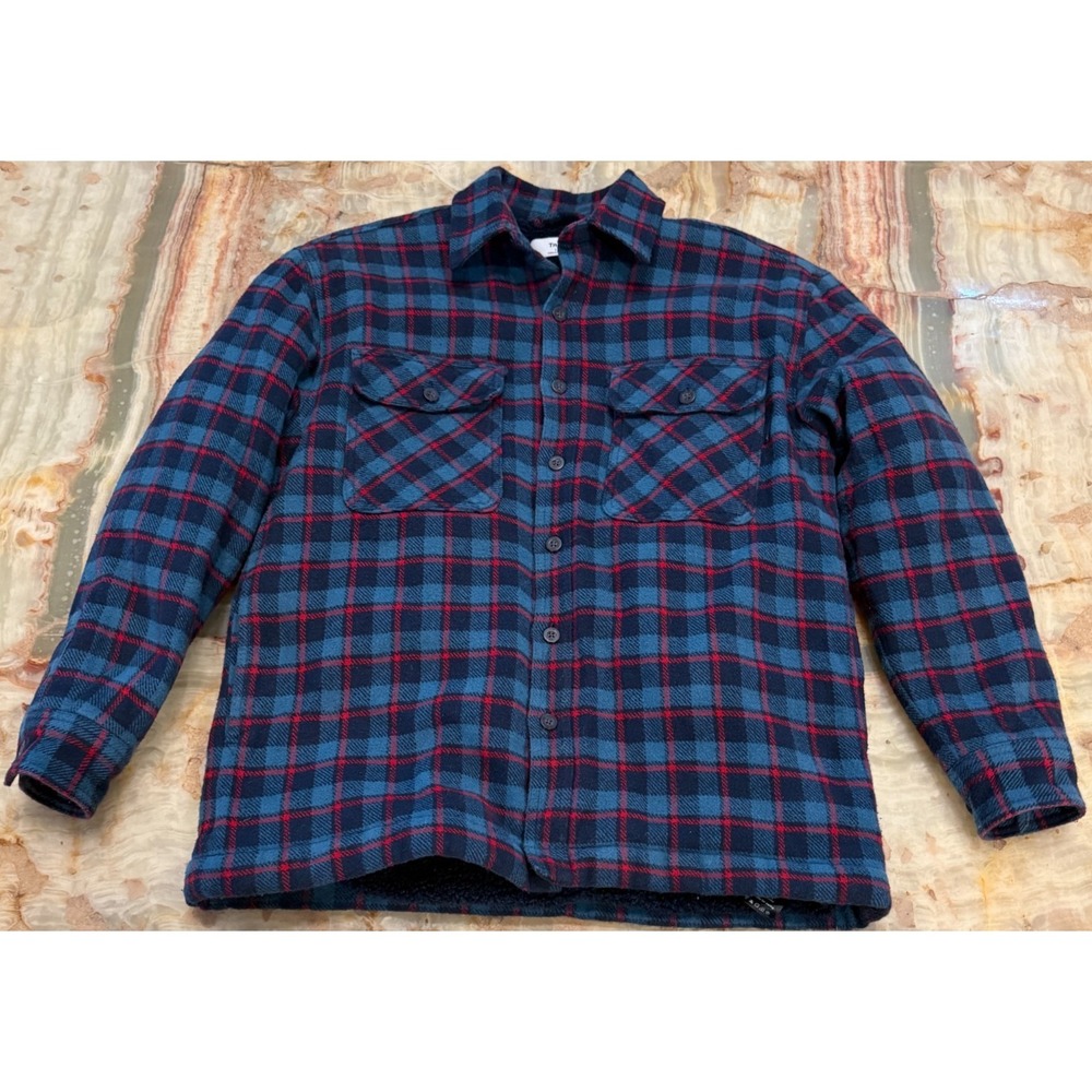 TNA Aritzia Women Flannel Button-Up Shacket Jacket Blue Red Plaid Sherpa Lined 1